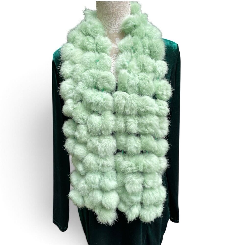 Old Hollywood Glam Mint Green Rabbit Fur Pom Pom Scarf Wrap Valerie Stevens